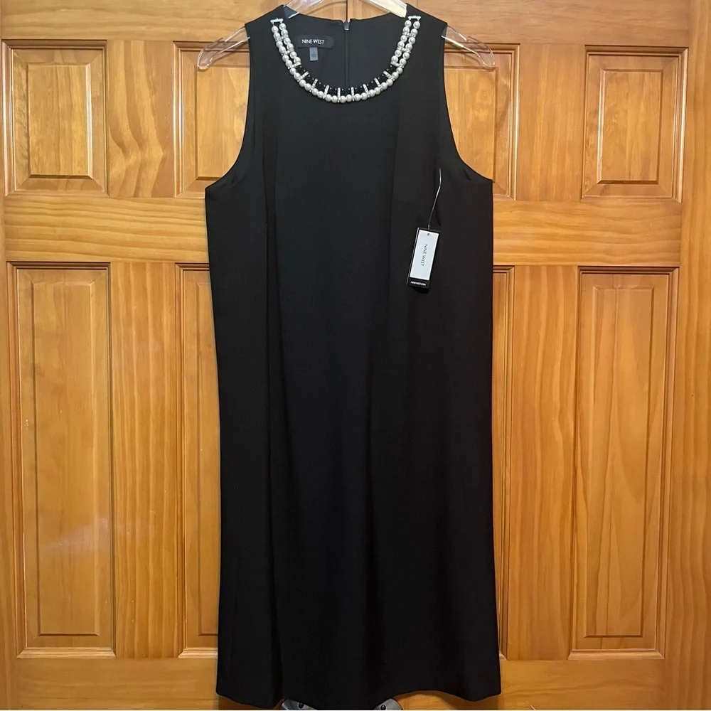 Nine West Black Sleeveless Dress With Pearl Accents at Neckline Size 12 NWT - Picture 1 of 12